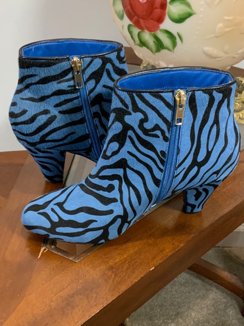 Blue Zebra Genuine Leather Ankle Boots 8 Y2K Funky Animal Print Booties Theme - Picture 2 of 9